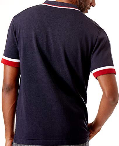 Men’s Short Sleeve Knit Sports Shirt - Modern Polo Vintage Classics: Solid Geometric Jacquard With Color Tipping (Medium, Navy) #TOP1