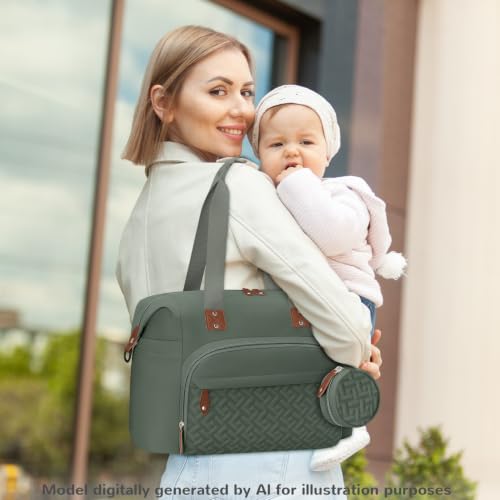 Image of Tenot Diaper Bag Tote with Pacifier Case, Baby Bag for Women with Shoulder Straps, Travel Diaper Tote for for Mom and Dad Medium Size, Green