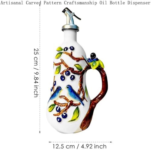 Hand-Painted Ceramic Relief Olive Oil Bottle Dispenser, with Handle Decorative Olive Oil Dispenser Bottle, Kitchen Ceramic Oil Vinegar Bottle Seasoning Bottle with Stainless Steel Spout & Funnel — view 3