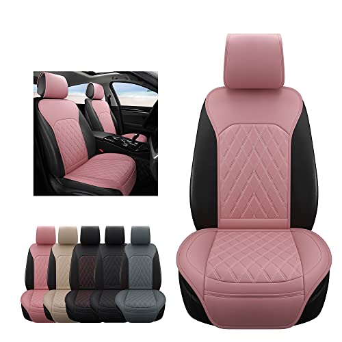 Image of Universal Front Leather Car Seat Covers Pink 2 Pcs Luxury Seat Covers, Anti-Slip Waterproof Auto Driver Cushions Fit SUV Pickup Van Sedan, Chevy Silverado GMC Sierra Dodge Ram Tacoma Ford