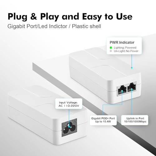 Image of Gigabit PoE Injector 15.4W, Supports IEEE 802.3af, YuLinca White Compact Power Over Ethernet Adapter, Plug and Play, Fanless Wall Mount Design with LED Indicator