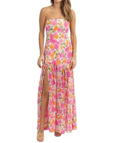 Image of Women 's Tube Top Dress Sleeveles Strapless Backless Mesh Patchwork Tropical Leopard Print High Slit Maxi Dress