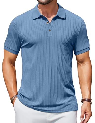 COOFANDY Polo de manga corta para hombre, polo de punto con botones, polo de verano, camiseta acanalada, camisas de golf, Gris y azul., M