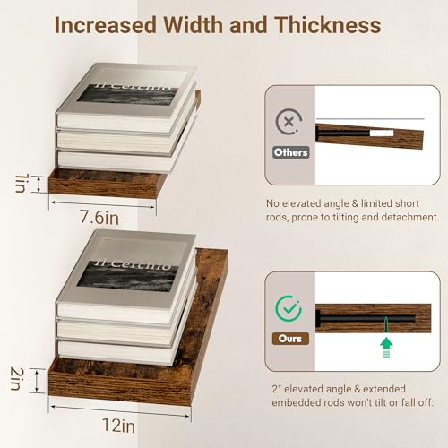 Image of 48 Inch Floating Shelves, 12 Inch Deep Floating Shelves for Wall, Extra Deeper & Thicker Wooden Wall Shelf with Invisible Brackets, Shelf for Bedroom Home Decor(Rustic Brown, Set of 2)