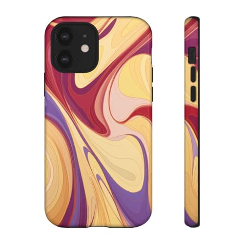 Coque iPhone 12 rigide motif tourbillonnant bordeaux jaune effet brillant intense