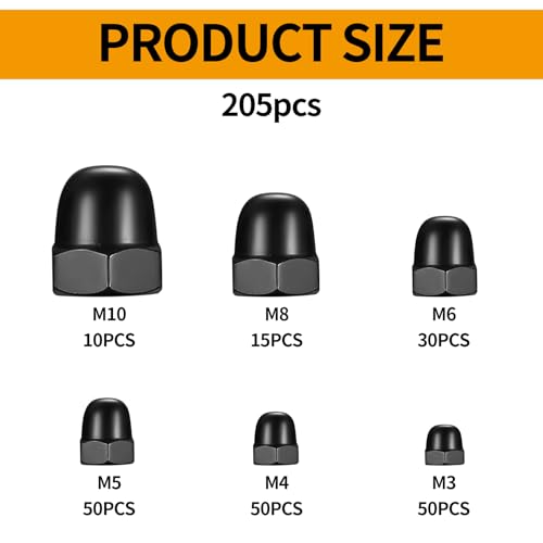 205 Pcs Dome Cap Nuts, DIN 1587 Carbon Steel Dome Nut Caps, Hex Dome Cap Nuts, Dome Cap Cover Nuts for Screws Nuts and Bolts Protective Caps Cover Hexagonal, M3 M4 M5 M6 M8 M10 Nuts, Black - Image 2
