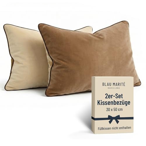 Blau Marité Set aus Zwei dekorativen Kissenbezügen. Aus superweichem Samt hergestellt. Moderne Designs mit kontrastierendem Rand. Die Füllung ist Nicht inbegriffen. (Beige und Braun, 30x50 cm)