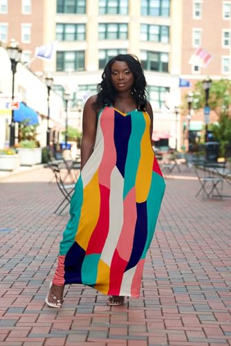 Image of BFFBABY Women's Casual Maxi Dress Sleeveless Tie Dye Spaghetti Strap Summer Plus Size Swing Sundress with Pockets