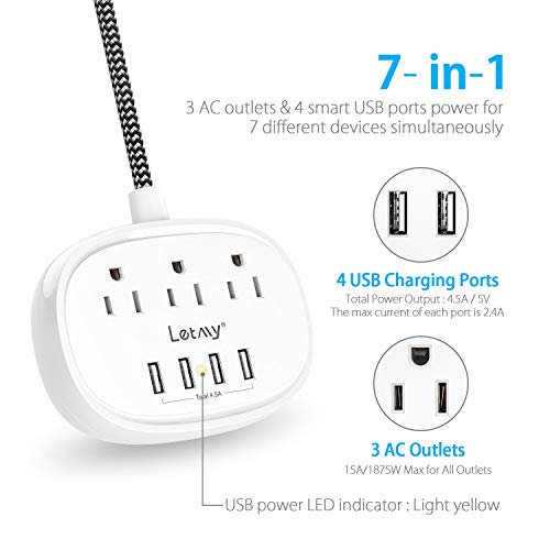 Power Strip with 3 Outlets 4 USB Ports, LETMY USB Power Strip, Flat Plug 5ft Long Braided Extension Cord, Desktop Charging Station for Smartphone Tablet Home Cruise Ship Travel,1875W/15A