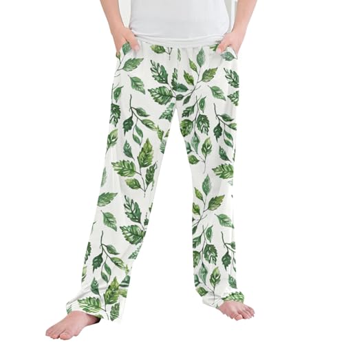 Leaf Long Pajama Pants Elastic Waist PJ Bottoms with Pockets S A113384
