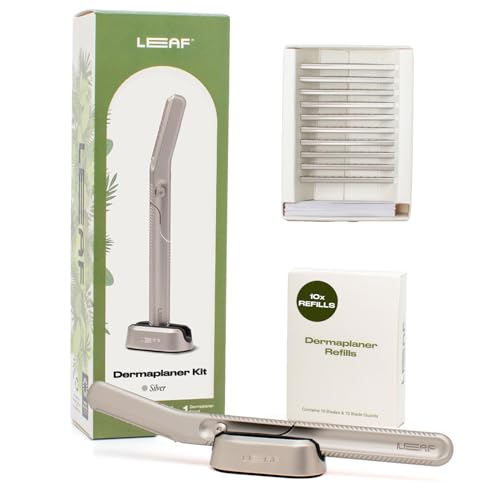 Leaf Shave Dermaplaner Kit - Dermaplane Razor, Stand, 10 Refills - Silver