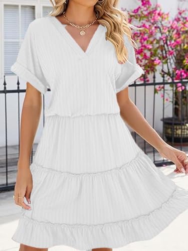 Image of PerZeal Women's Casual V Neck Short Sleeve Tiered Dress Ruffle Hem A-Line Flowy Swing Midi Dresses