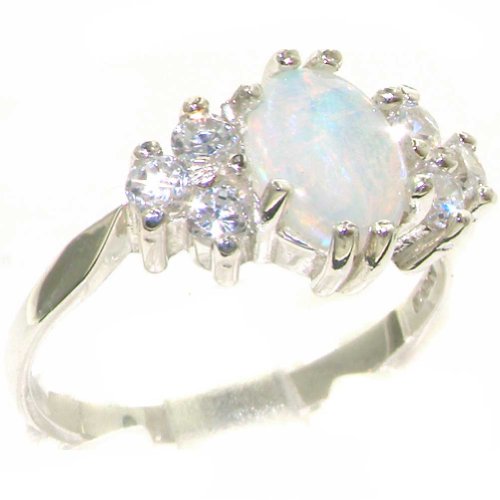 925 Sterling Silver Cubic Zirconia and Natural Opal Womens Band Ring - Size 5