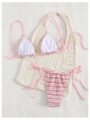 Image of GORGLITTER Women's Striped High Waisted Bikini Sets Cute Cheeky Triangle String Thong Swimsuit Bathing Suit 2 Piece