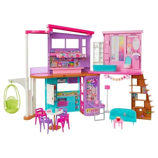 Barbie Coffret La Maison de Vacances (107 cm) à 2 Niveaux, avec 6 pièces, 1 Fauteuil Suspendu Servant d’Ascenseur et Plus de 30 Accessoires, Jouet Enfant, Dès 3 Ans, HCD50