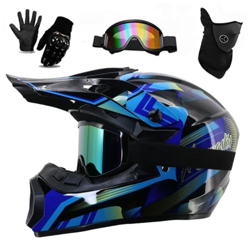 Casco Integrale da Moto Per Bambini E Adulti, Per Moto da Cross Elettrica, Quad, BMX, MTB, Fuoristrada, con Occhiali, Guanti E Maschera, Omologato DOT(226 blue stripes,S(52-55CM))