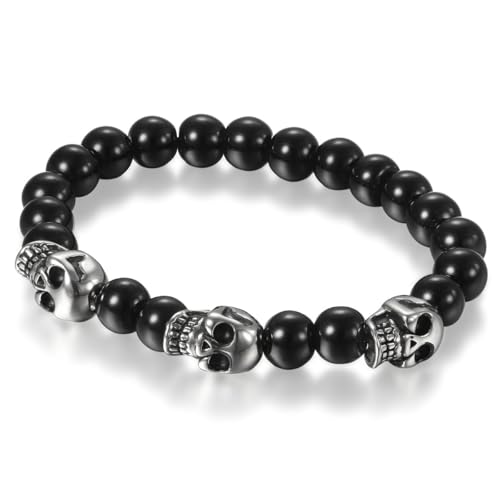 Flongo Men's Biker Stainless Steel Skull Skeleton 8MM Black Bead Stone Bracelet