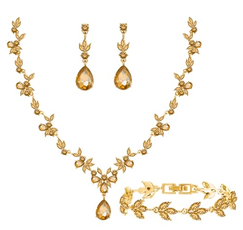 Paxuan Bridal Wedding Elegant Floral Jewelry Set for Women/Brides/Bridesmaids Crystal Jewelry Set for Wedding Prom Party Bridal Crystal Necklace Earrings Bracelet Set (Champagne (Gold))