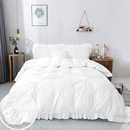 Image of 300 TC Pinch Ruffle 2 Tone Duvet /Razai /Blanket Cover with 2 Pillow Cover- 100% Cotton (Zipper Closure) Razai Cover 3 PC Set, Soft & Lightweight-Queen Size White