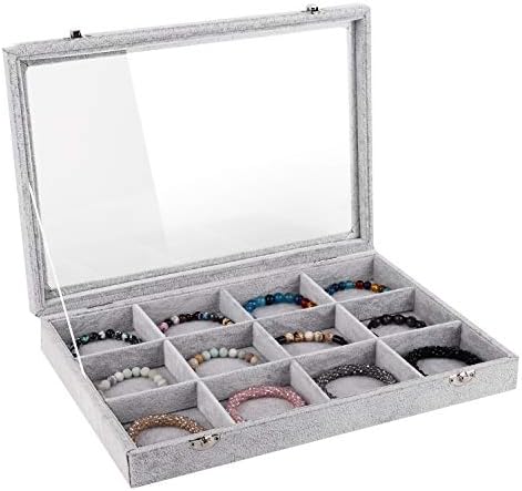 Emibele Jewelry Tray, 12 Grids Jewelry Organizer with Lid & Lock for Necklace, Ring, Earring, Stud, Bracelet, Soft Velvet Jewelry Showcase Display Tray - Grey