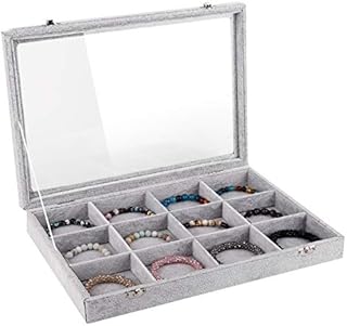 Emibele Jewelry Tray, 12 Grids Jewelry Organizer with Lid & Lock for Necklace, Ring, Earring, Stud, Bracelet, Soft Velvet Jewelry Showcase Display Tray - Grey