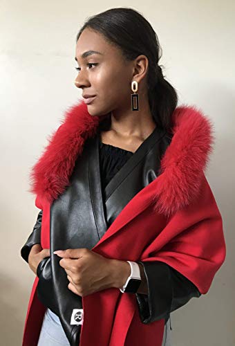Red Women Scarf Stole Cape Wrap Trim Fox Fur, Extra Large Shawl, Winter Gift, Woolen blend Cape Scarf4