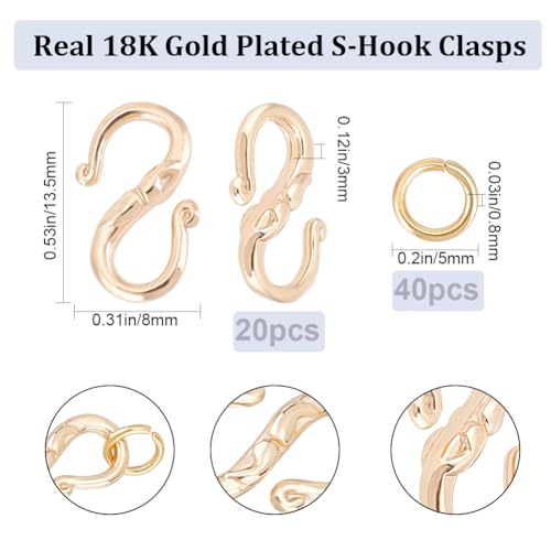 Beebeecraft 1 Box 20pcs S Hook Clasps 18K Gold Plated Brass 13.5mm Necklace Clasp Connector with 40pcs Jump Ring for DIY Jewelry Making - Thumbnail 2