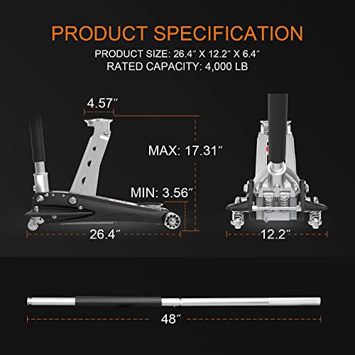 Torin T820010LT Hydraulic Low Profile Aluminum Floor Jack: 2 Ton (4,000 lb) Capacity, Black - Thumbnail 4