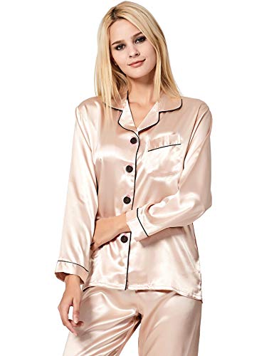 Swomog Womens Silk Satin Pajamas Long Sleeve Loungewear Two-Piece Sleepwear Button-Down Pj Set Champagne #TOP1