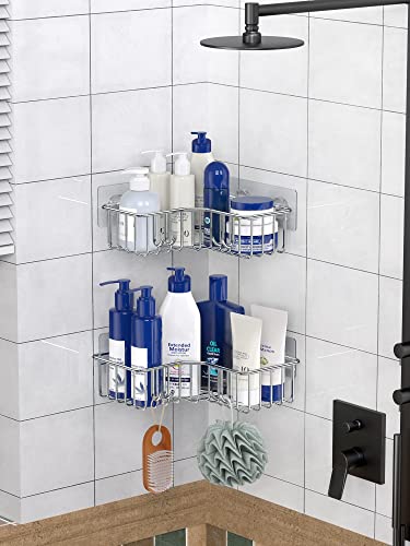 Smartake Corner Shower Caddy Shower Shelf 2 Pack Adhesive Shower Rack With Hooks, Sus 304 Stainless Steel Shower Organizer For Bathroom Toilet Kitchen, Shower Storage For 90° Wall (Silver) #TOP4