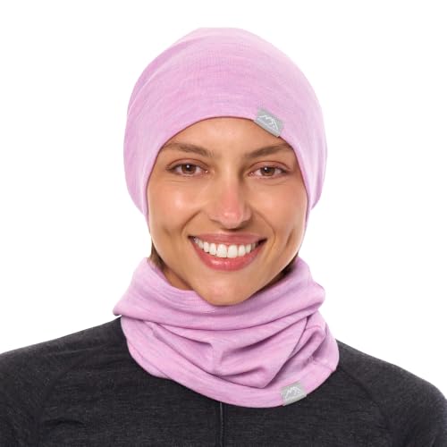 100% Merino Wool Beanie Neck Gaiter Combo, Unisex 17.5um 4 Season Soft Hat (Heather Lilac)