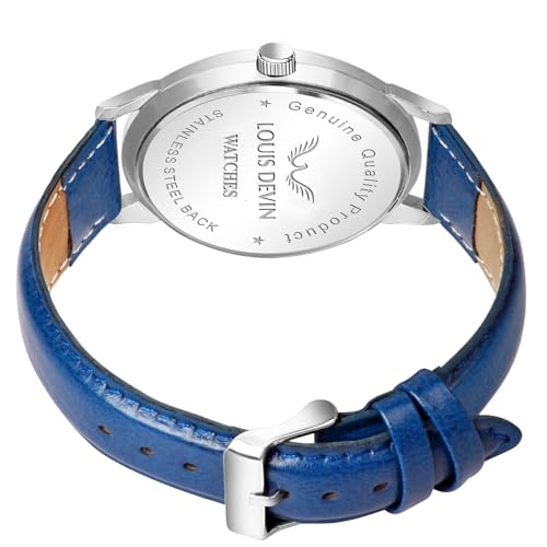 Image of LOUIS DEVIN Black /Blue /Brown /Green Leather Strap Analog Wrist Watch for Men (Black /Blue /Brown /Green /White Dial) | LD-GR079