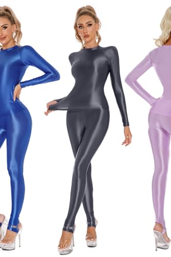 Yaaapiy Damen Glänzend Overalls Ganzkörper Anzug Body Einteiler Bodysuit Jumpsuit Glossy Glatt Strupmhose Leggings Unterwäsche (Schwarz, M)