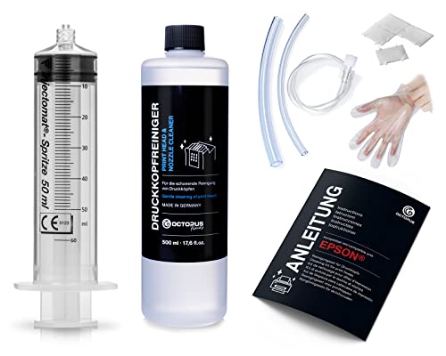 Octopus Nettoyeur de buses, nettoyeur de têtes d'impression compatible avec les têtes d'impression Epson avec adaptateurs pour tuyaux (500 ml)