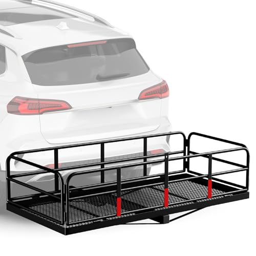 FORWODE 500 LBS Hitch Cargo Carrier Basket, 60"x24"x14" Folding Hitch Cargo Carrier Rack with High Side Rail for 2 Inch Receiver, Car Rack Rear Luggage Basket for Car SUV Traveling