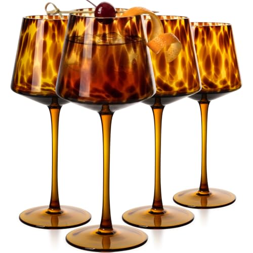 Image of Tortoise Shell Wine Glasses Set of 4-Brown Wine Glasses-Unique Hand Blown Amber Wine Glass Wedding gift set for wine lovers