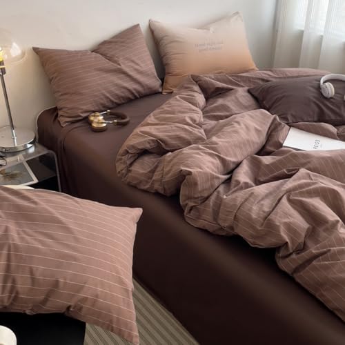 Freyamy Gestreifte Bettwäsche 135x200 Braun Weiß Gestreift Bettwäsche Set – Ansicht 4