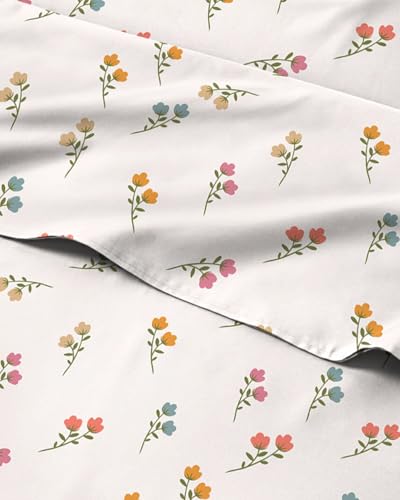 Image of Cal King 4 Piece Floral Sheet Set - Breathable & Cooling - Petite Garden | 1 Flat, 1 Fitted & 2 Pillowcases w / Deep Pockets, Boho Botanical Floral Bedding, Breathable & Cooling, Wrinkle & Fade Free
