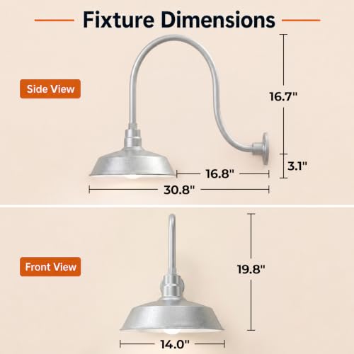 Image of 14in. Galvanized Finish Outdoor Gooseneck Barn Light Fixture With 24in. Long Extension Arm - Wall Sconce Farmhouse, Vintage, Antique Style - UL Listed - 9W 900lm A19 LED Bulb (5000K Cool White)