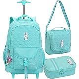 Kit Material Escolar Completo com Mochila de Rodinhas, Lancheira Térmica e Estojo Box 100 Pens, Compartimento para Notebook, Alça Telescópica, P/Meninas Juvenil (Azul)