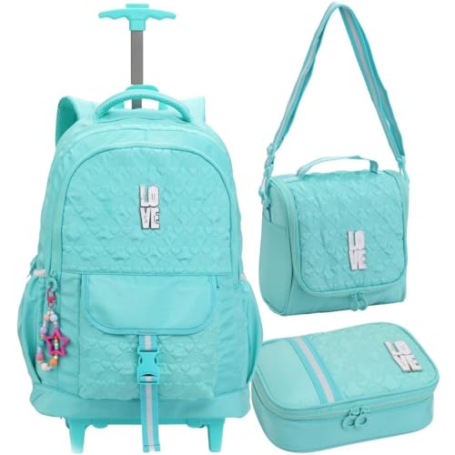 Kit Material Escolar Completo com Mochila de Rodinhas, Lancheira Térmica e Estojo Box 100 Pens, Compartimento para Notebook, Alça Telescópica, P/Meninas Juvenil (Azul)