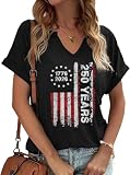 Women's 250th Years Anniversary V Neck Shirt Independence Day Retro American Flag 1776-2026 Stars Graphic Tee USA Birthday Summer Patriotic Tops(M,250-Black)