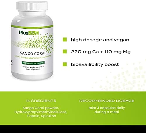 Plusvive Sango Coral Capsules with Bioavailability Matrix, (1100 mg), 180 capsules, high in Calcium & Magnesium 2:1, vegan