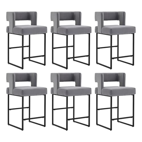 Image of 26 inch H Velvet Bar Stools Set of 6, Counter Height Bar Seats with Square Back, Modern Upholstered Armless Barstools with Metal Black Legs for Kitchen Island Dining Room Bar, Grey
