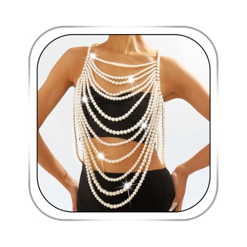 Pearls Body Chain Bra Sexy Shawl Necklace Pearl Tops Halter Shoulder Chain Beaded Backless Chest Chains Rave Body Jewelry Festival Party Summer Beach