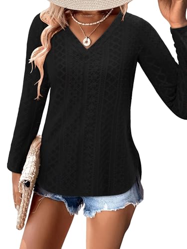 KISSMODA Long Sleeve Fall Shirts For Women V Neck Tunic Tops Embroidered Button Down Knitted Blouses 2025