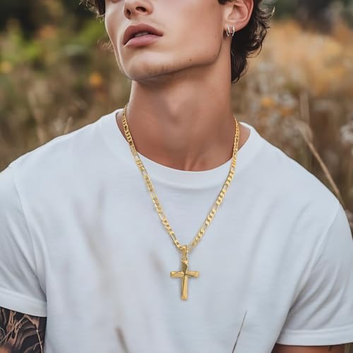 Cross Necklace 14K Gold Cross Necklace for Men Gold Crosses Chain for Men Irregular Cutting Lines with Figaro Chain Mens Crosses Pendant 20/22/24in4