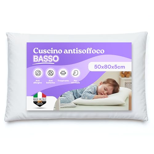 ER RELAX Cuscino Antisoffoco per Bambini BASSO 50x80 altezza 5cm per Letto Grande. Guanciale BASSO, Anallergico, Traspirante, Rivestito con Fodera 100% Cotone....