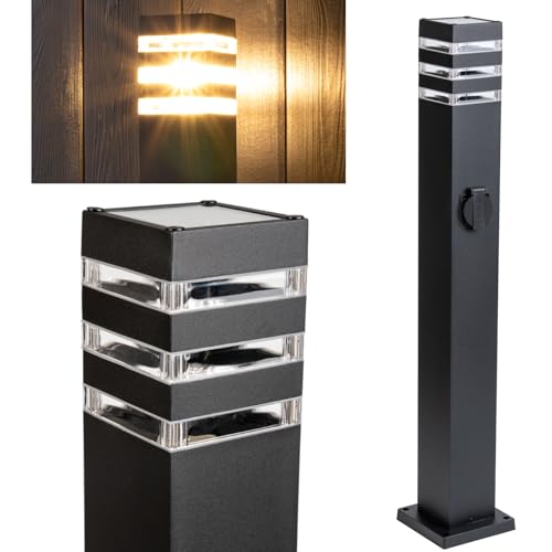 Lumiled® Wegeleuchte Außen mit Steckdose 80cm Garten Pollerleuchte schwarz IP44 spritzwasserdicht Außenstehleuchte Stehlampe Außenleuchte Gartenleuchte Wegelampe Stromsäule Aluminium E27 Fassung