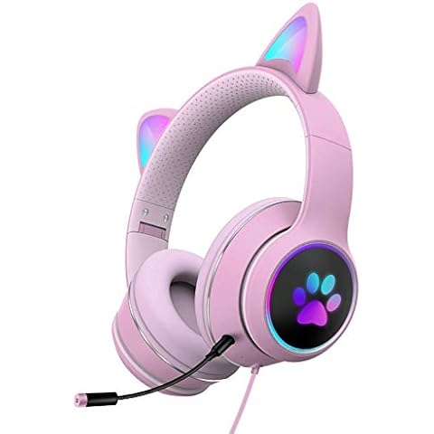 HONUTIGE Gaming Headset Cat Ear Headphone with RGB LED Light Microphone Stereo Sound Glowing Over-Ear Gaming Headsets for Kids and Adult Cover